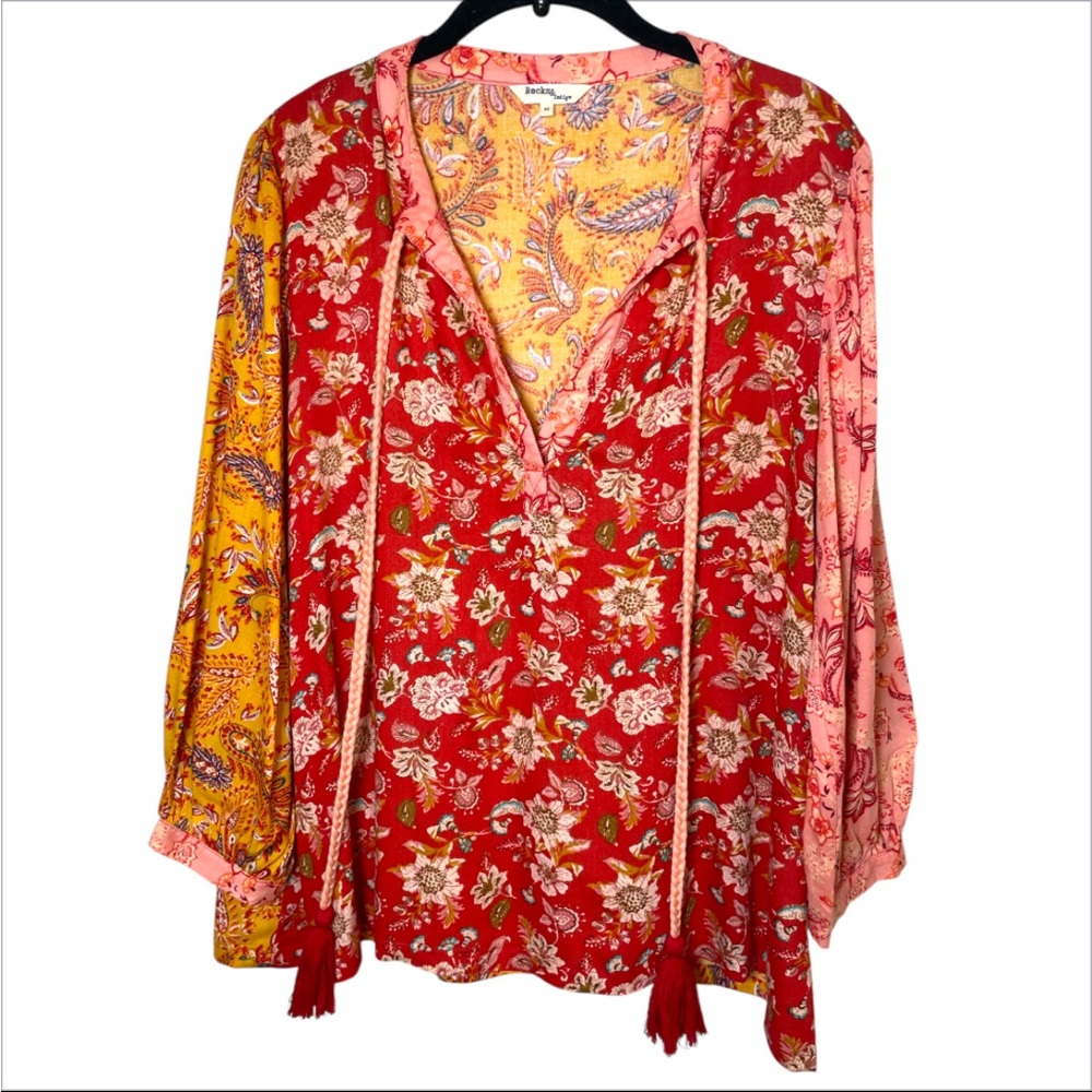 Rocks & Indigo Boho Peasant Top Women’s M Mixed Print Floral Tassel Indie Blouse